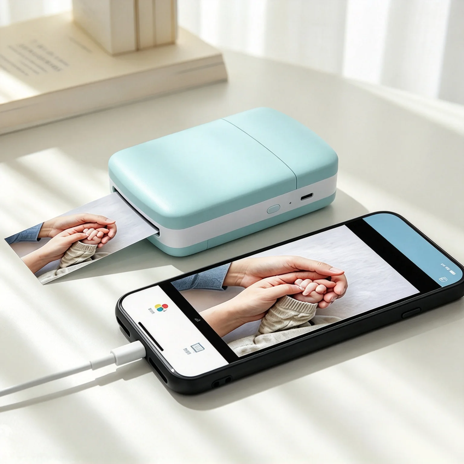 Portable color photo printer,wireless Bluetooth smartphone printer,600DPI instant color inkjet printing;includes photo paper