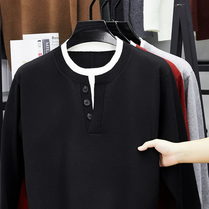 2025年秋 メンズセーター 長袖 ニット プルオーバー クルーネック フェイクツーピース プルオーバー ミニマリストファッション カジュアル 多用途