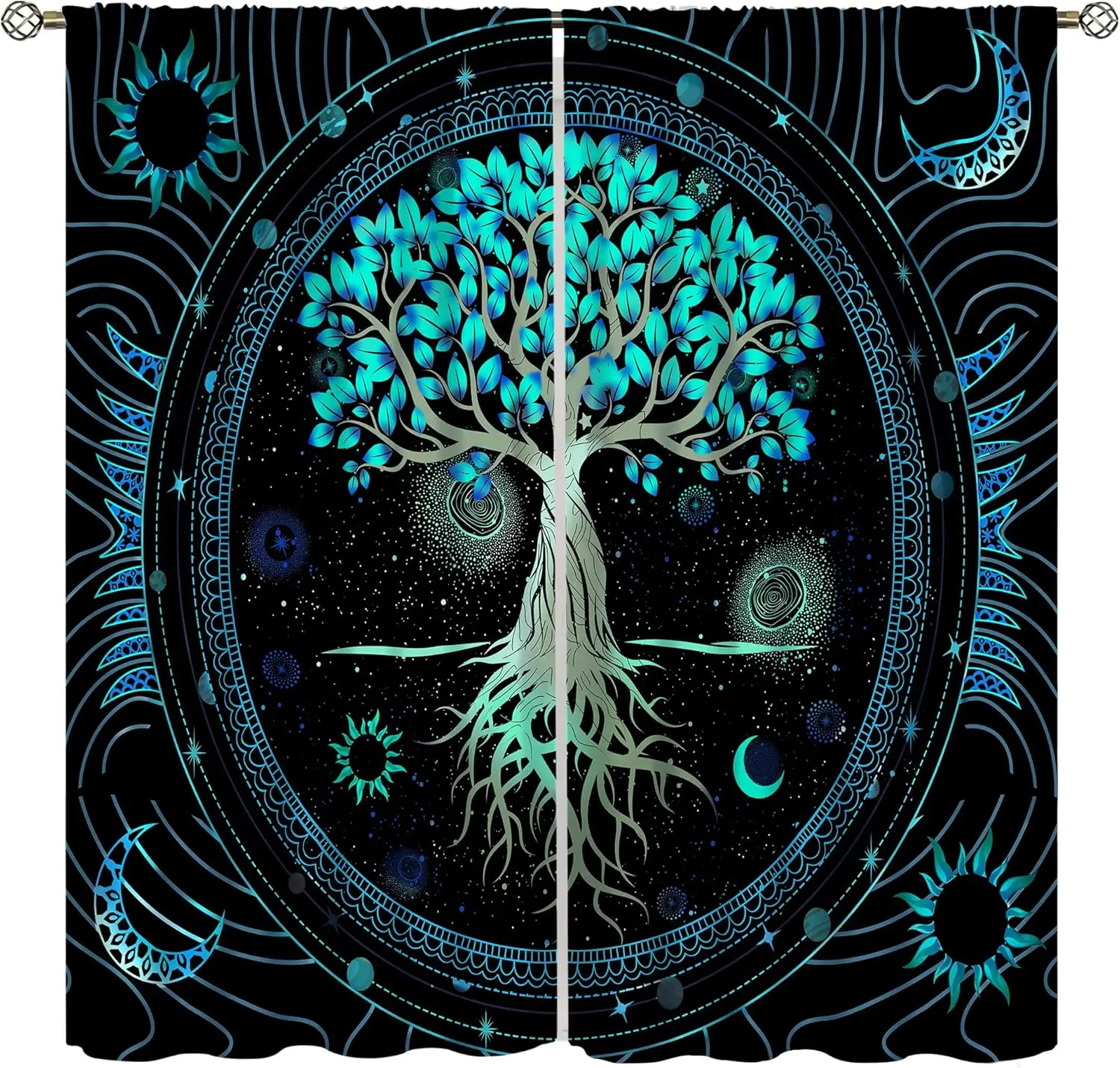 Tree of Life Curtains, Sun Moon Phase Galaxy Space Aesthetic Mystic Window Treatments for Bedroom Living Room, Bohemian Goth