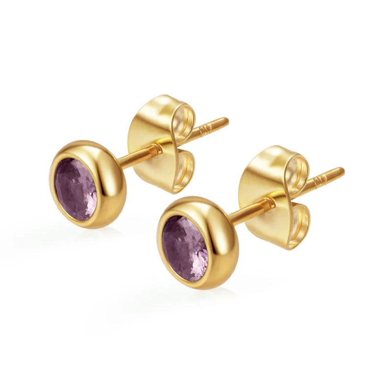 Klassische Edelstahl-Ohrstecker mit Zirkonia, runde Ohrstecker für Damen, Geburtsstein, goldfarben, kleine Huggie-Ohrringe, Alltagsschmuck für Frauen – Detail 7