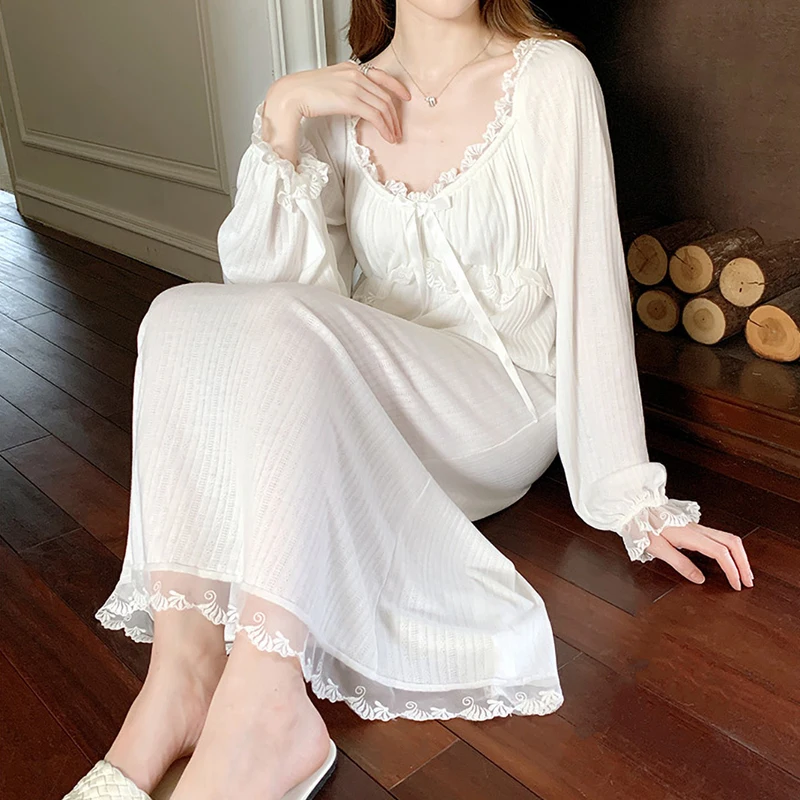 Lace Patchwork Women Princess Robe Sleepwear Long Sleeve Night-robe Loose Nightgown Women\'s Pajamas Solid Brides Wedding Dresses