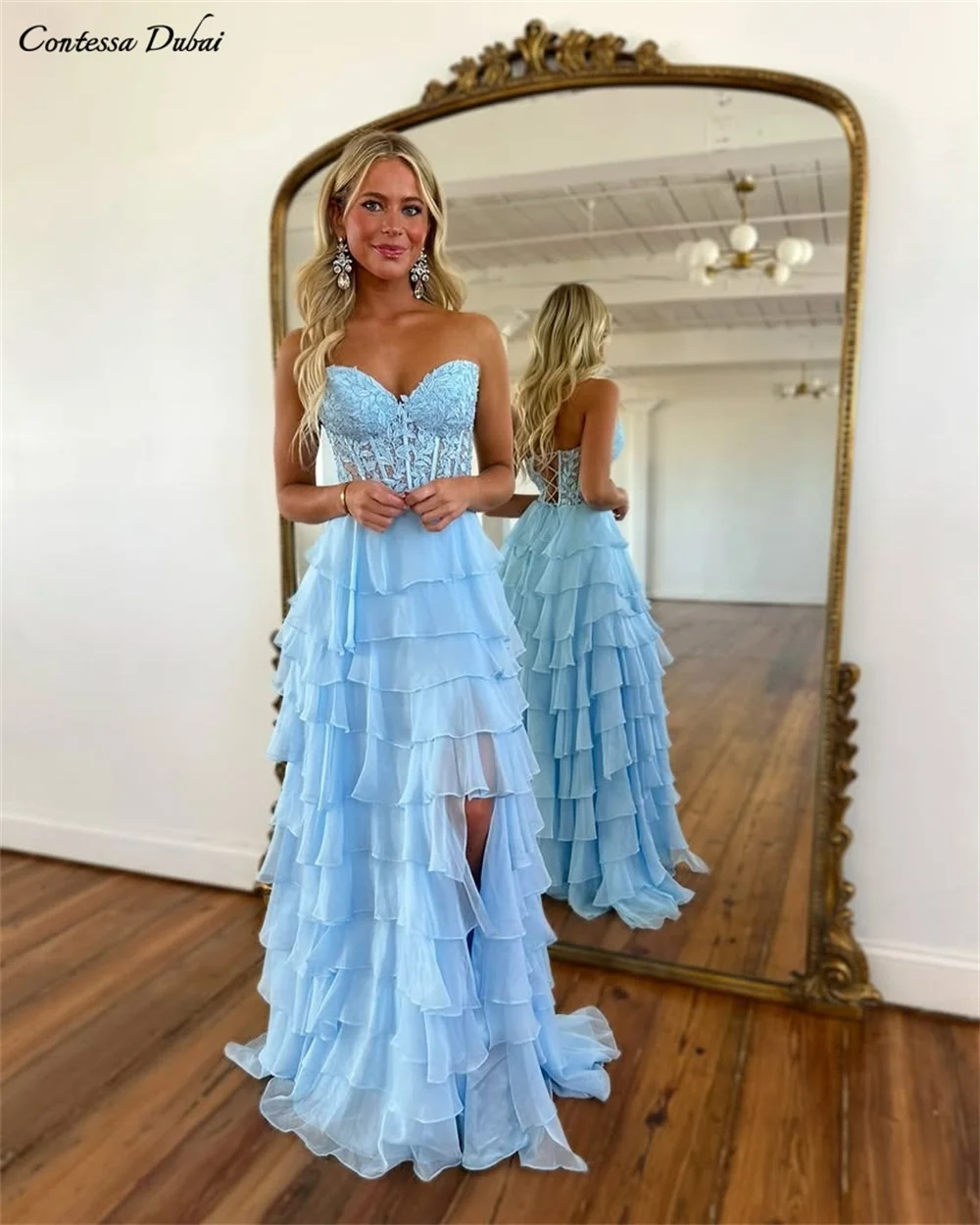 

Contessa Dubai Customized A-Line Prom Dress Strapless lace embroidery Lace-up Vestidos de noche Side Slits Formal Evening 2025