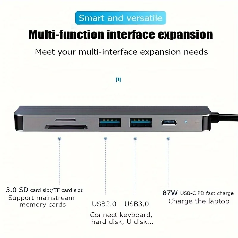 Adaptador Multiport USB C Hub, 4K @ 30Hz, HDTV, Entrega de energia 100W, Dados USB 3.0, TF, Leitor de Cartão SD, Laptop Dock, 6 em 1