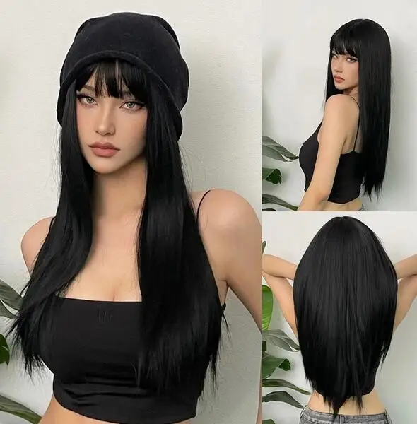 Wig black long straight daily natural wig white female role-playing Lolita wig