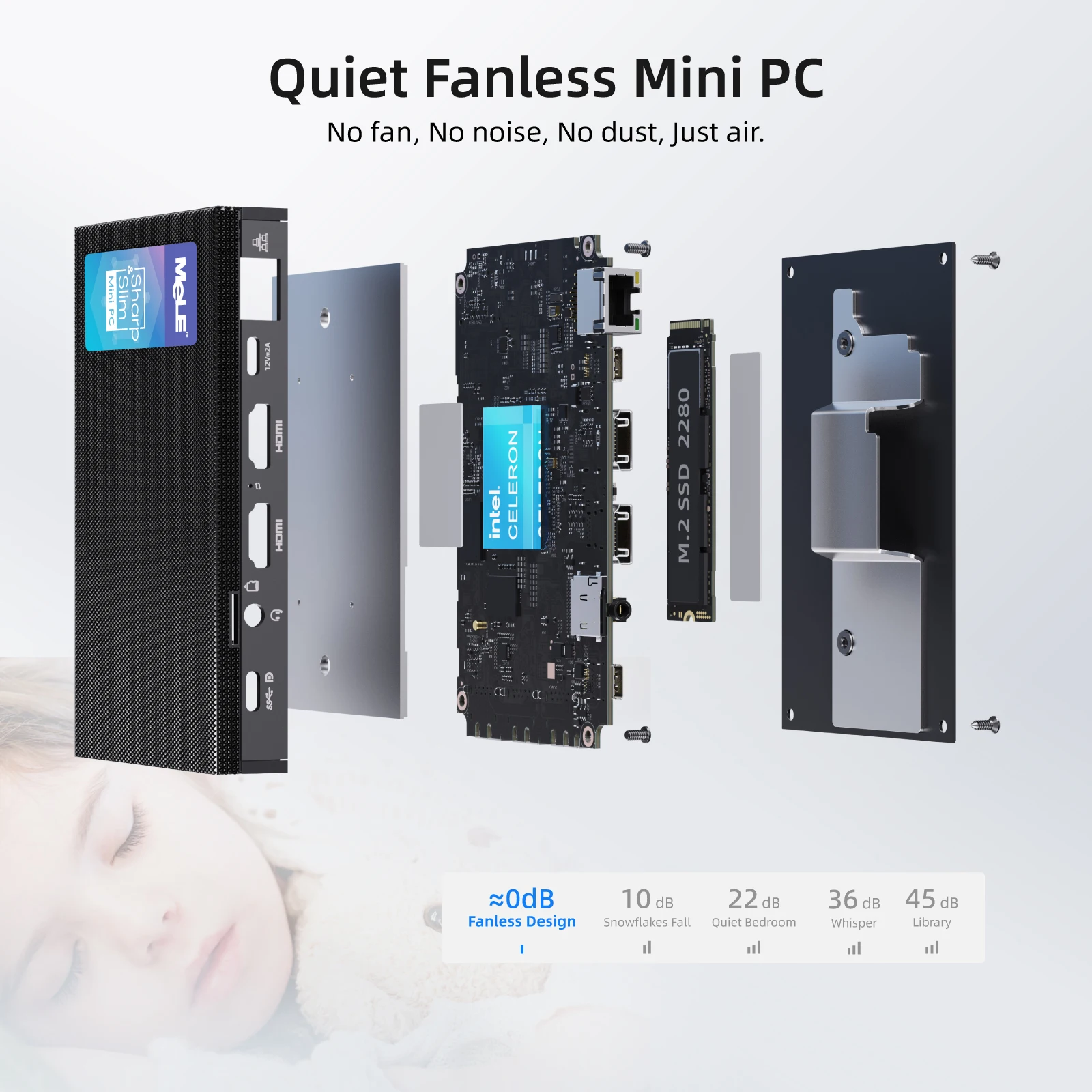 MeLE Fanless Mini PC Quieter3C N5105 16GB 512GB، كمبيوتر صغير واي فاي 5 سطح مكتب صغير USB-C PD، HDMI مزدوج 4K، PXE، يدعم M.2 SSD