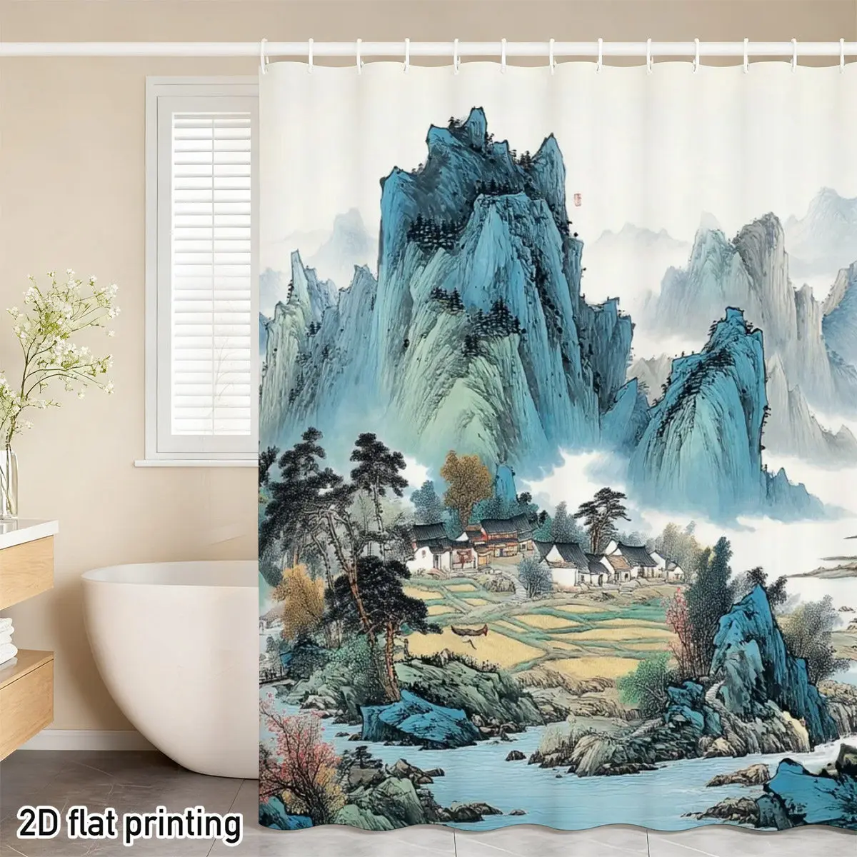 

Shower Curtain Polyester Chinese Landscape Foggy Mountains River 2D Flat Waterproof Grommet Top Asian Bathroom Decor