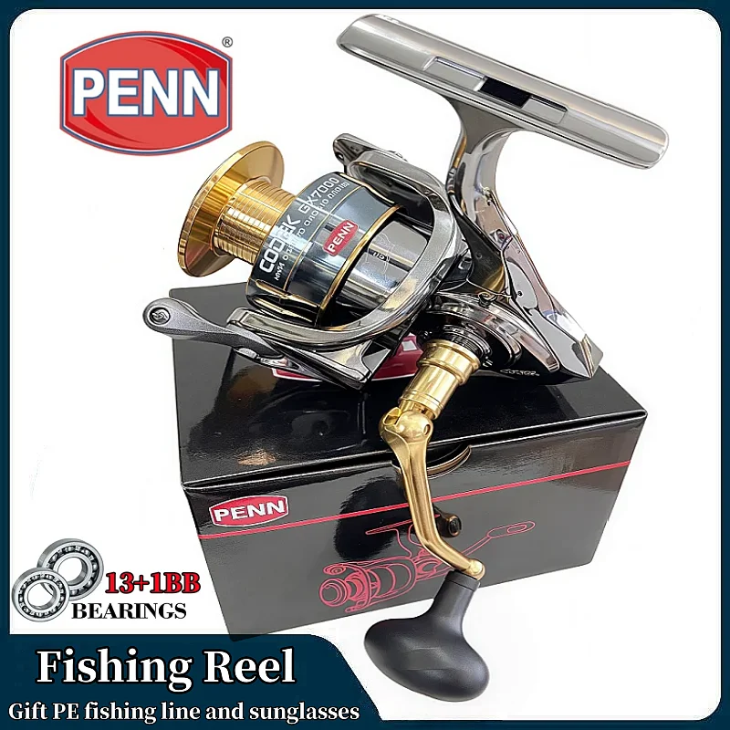 Carretilha de pesca PENN GX1000-7000, rolamento de alta performance 13+1BB, resistência máxima de 25KG, oferta de linha de pesca PE e óculos de sol.