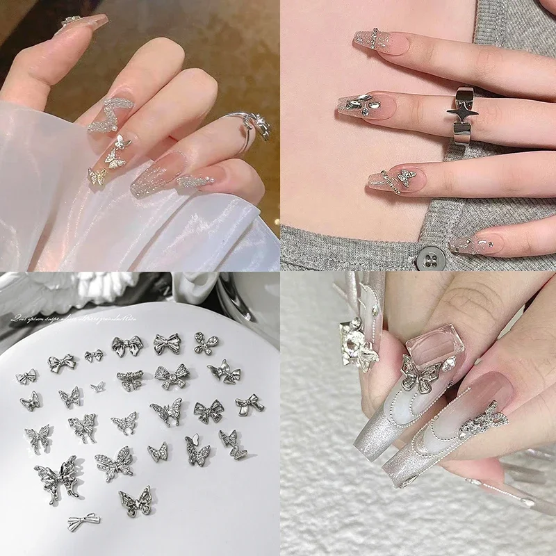 10Pcs DIY Nail Art Decoration 3D Silver Butterfly Shiny Rhinestones Nail Drills For Manicure Design Accessory