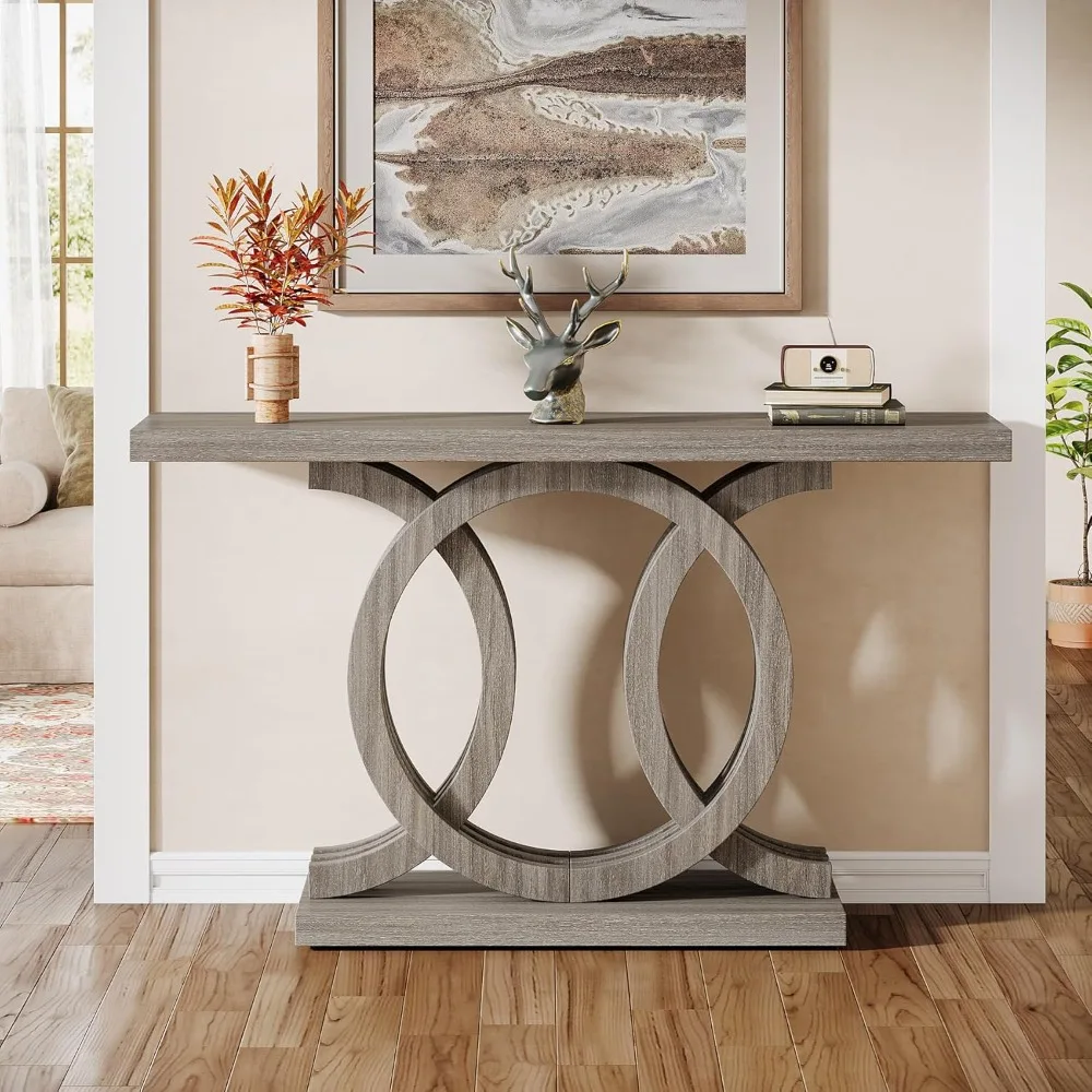 55-Inch Console Table with Geometric Wood Base, Modern Entryway Table with Thick Tabletop for Living Room, Hallway