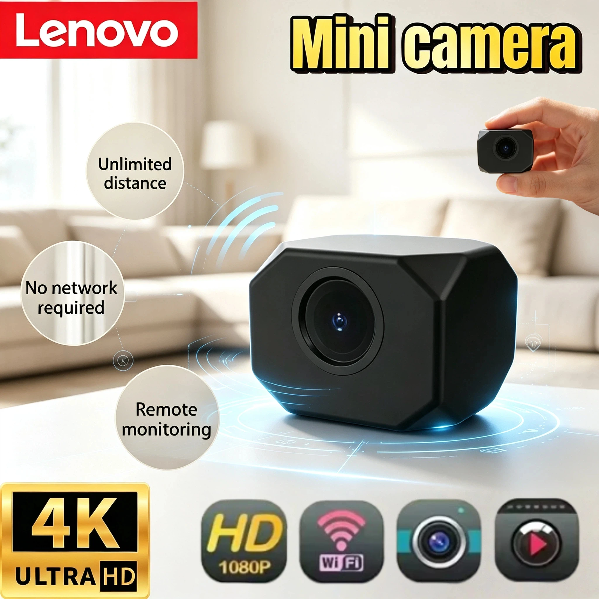 Lenovo New 1080P HD Mini WiFi Camera AP Hotspot Remote Monitor Portable Small Camcorder Home Security Surveillance Smart Camera