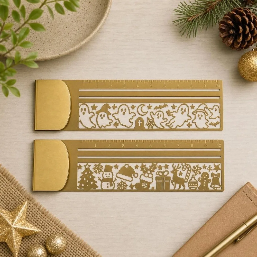 Portable Brass Bookmark Ruler Hollow Multi-functional Drawing Template Ruler Cute Patterns Measuring Ruler Journal Scrapbook