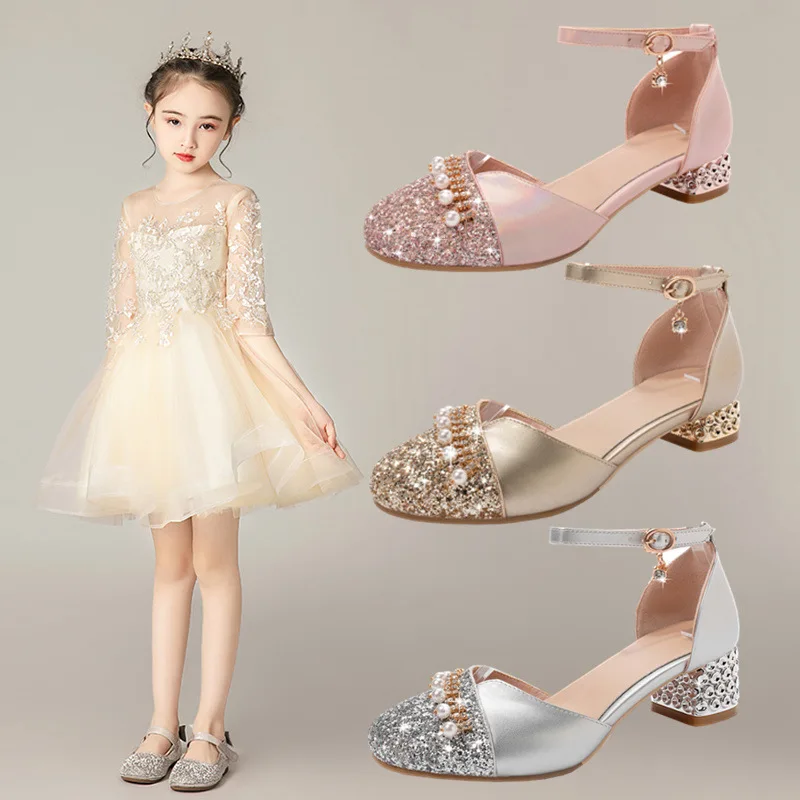 

Children Girls Leather Shoes Gold Silver Pink Princess High Heel Shoes For Kids Girls Performance Dress Show Dance Sandals 28-40