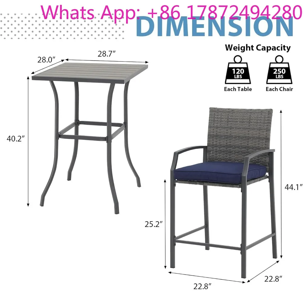 3 Piece Outdoor Wicker Counter Height Bar Stools and Wood Top Table Set