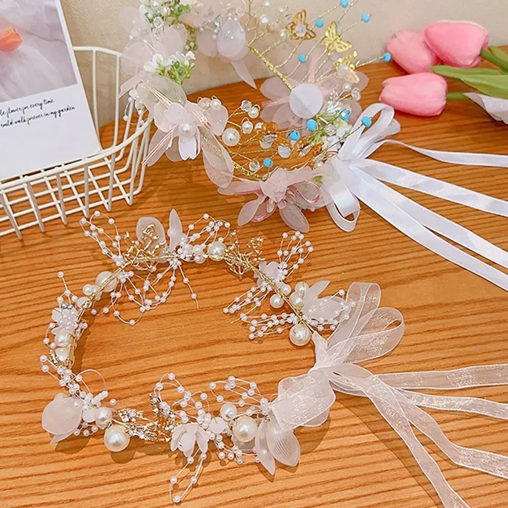 Pearl Cloth Butterfly Headdress Photography Props Hair Hoop Korean Style Headband Girl Flower Crown Children Wreath