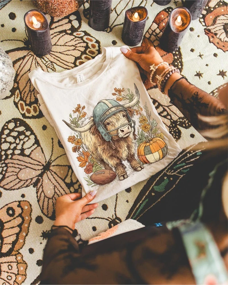 

Cute Cow Pattern Halloween T-Shirt Fashion O-Neck Thanksgiving Style Women's Printed Women's Regular Basic Top Autumn T-Shirt