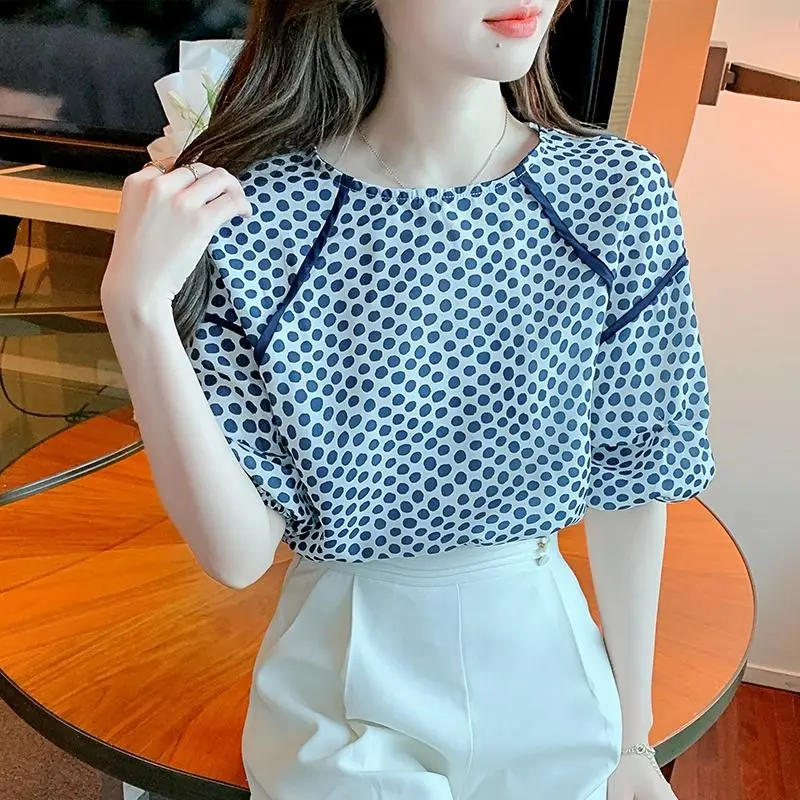 

Womens Shirt & Blouse Elegant and Youth Clothes Blue Tops for Women Dots with Puffy Sleeves Social Korea Stylish Trend 2024 Cute