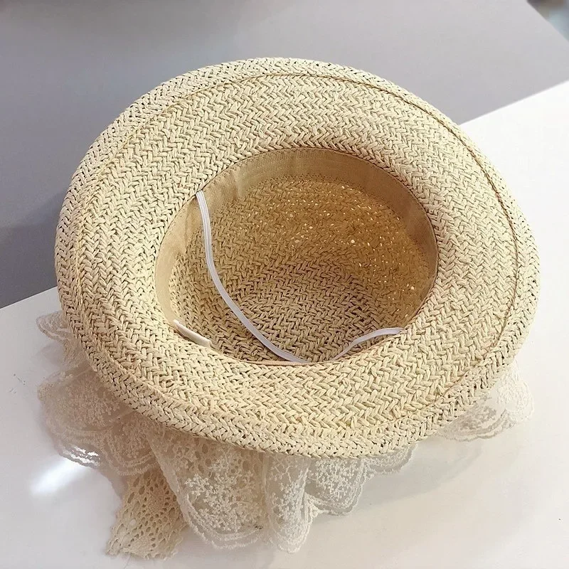 Menoea-Sombrero de paja con lazo de encaje transpirable para niña, gorro de Sol de princesa para viaje, protector solar para playa, verano, 2023