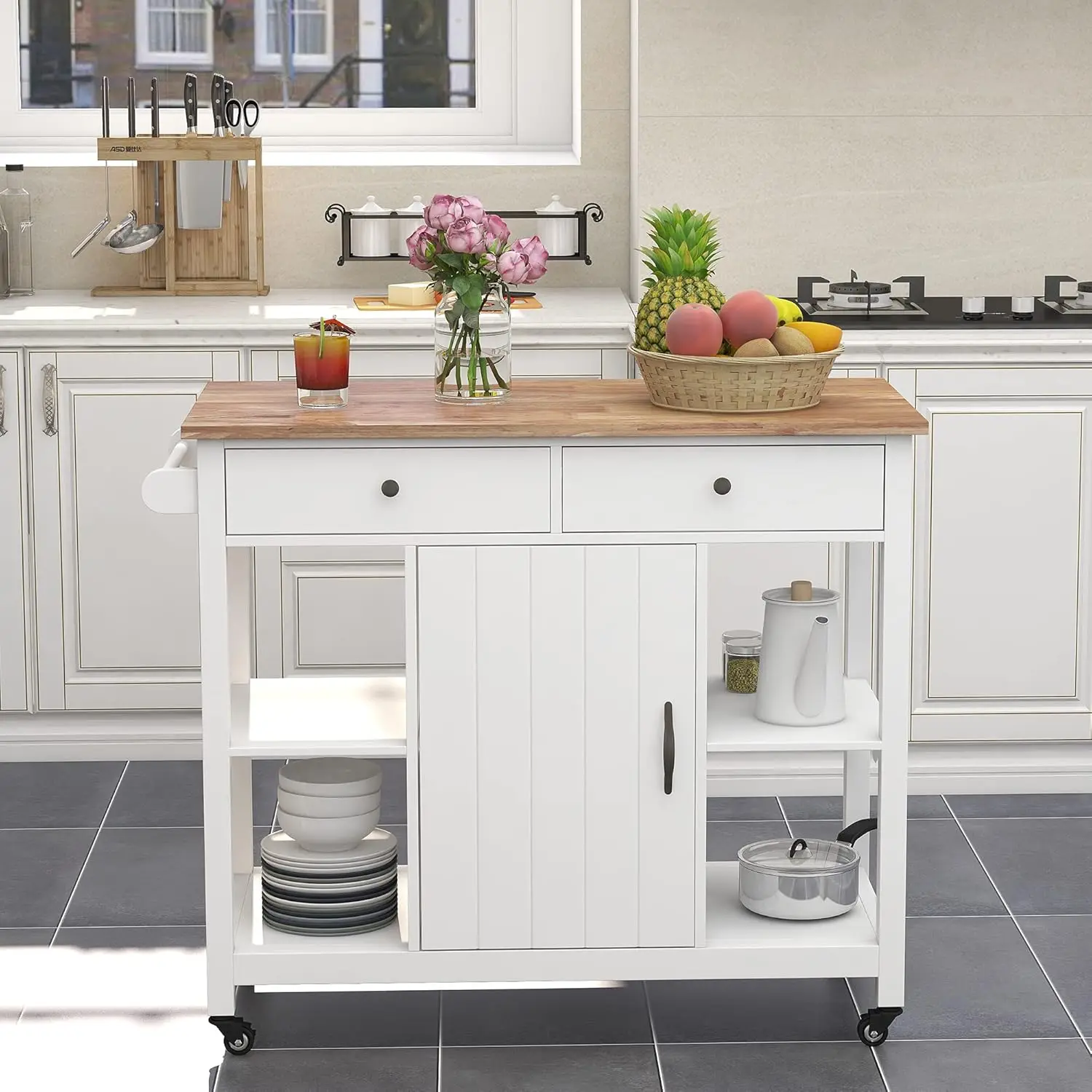 White Kitchen Cart on Wheels with Wood Top & Storage Drawers, Easy Assembly, Customized