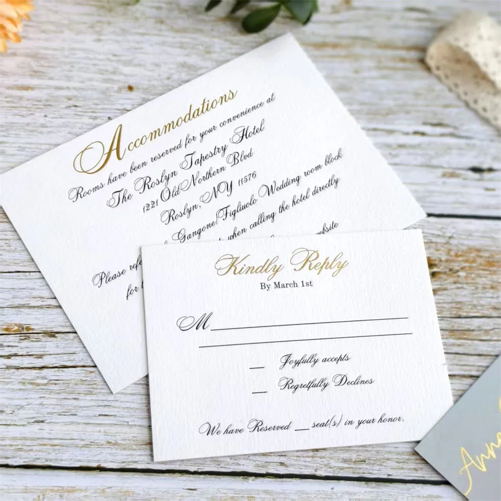 

Custom Invitation RSVP Menu Printing Gold foil and Emboss For Wedding Quince Bridal Shower