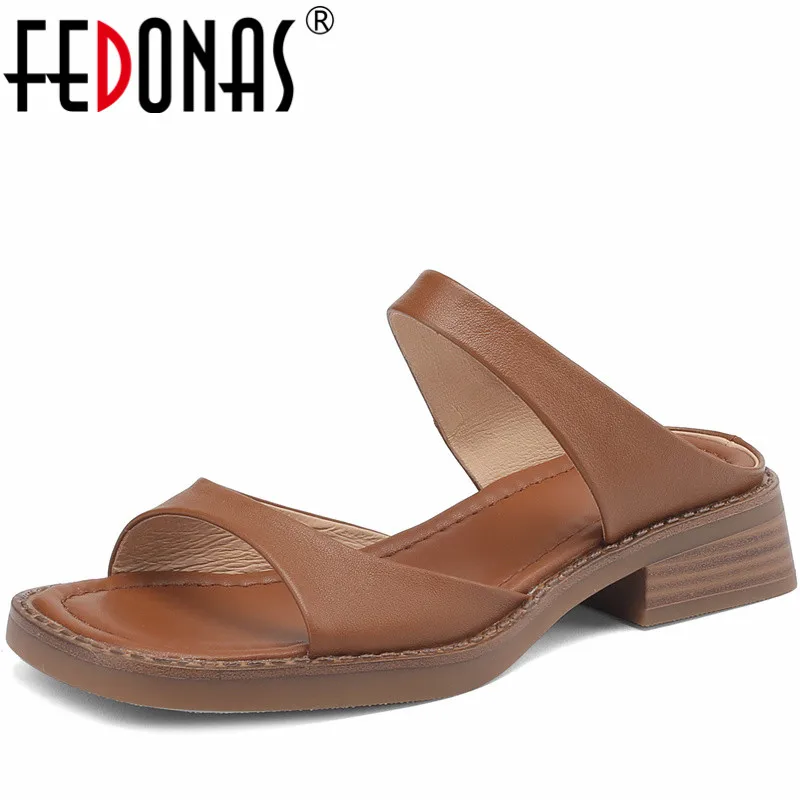 FEDONAS Summer New Arrival Women Slippers Thick Heels Concise Casual Working Genuine Leather Comfortable Shoes Woman Sandals