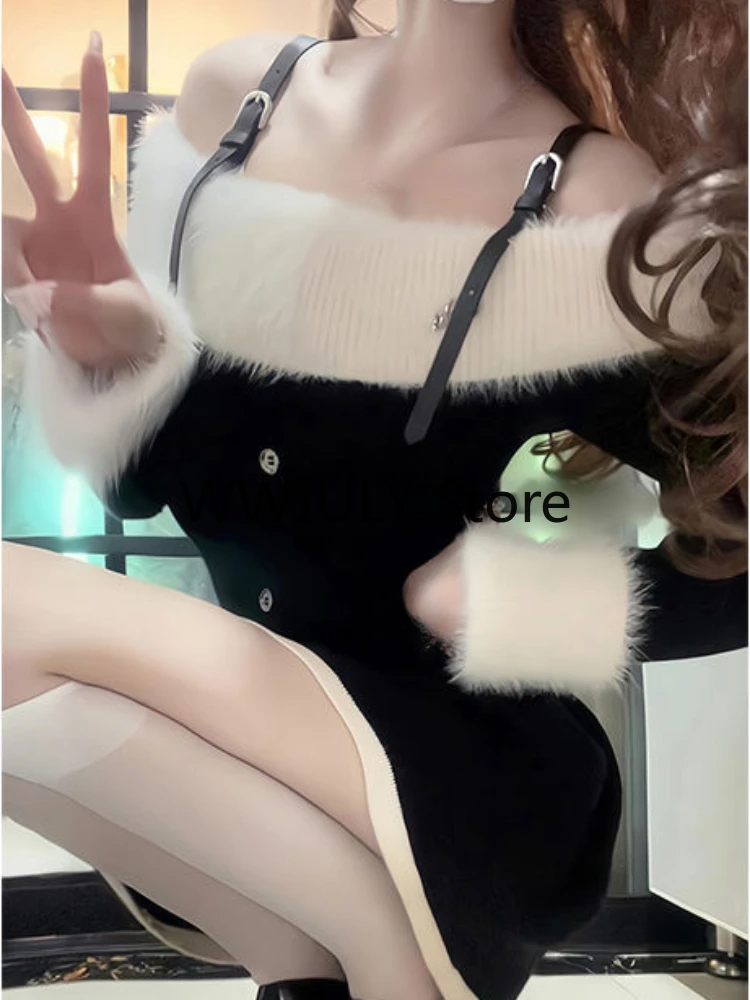 2023 Autumn Long Sleeve Elegant Y2k Mini Dress Woman Short Party Black Knitted Dress Slim Sexy One Piece Dress Korean Fashion