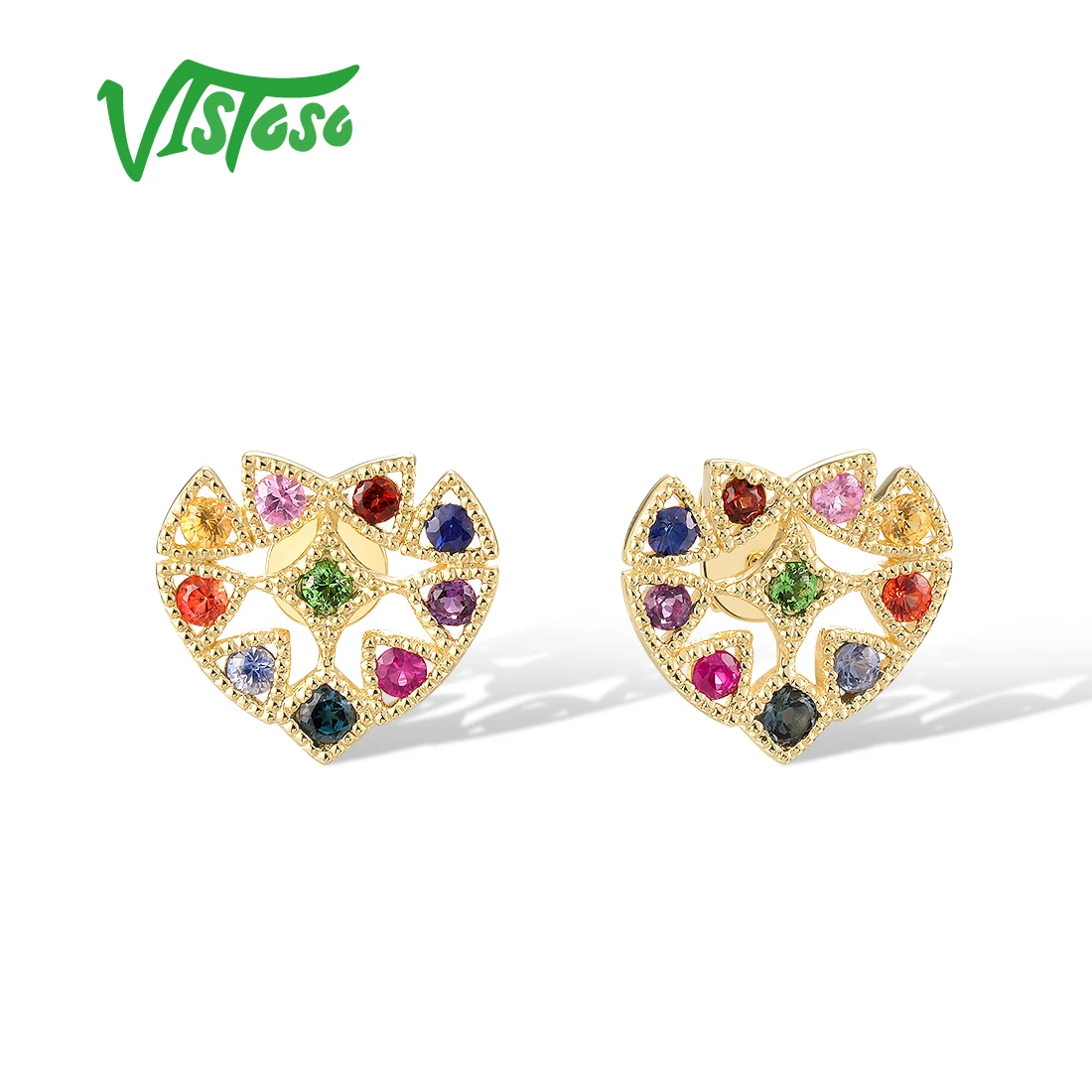 VISTOSO Real 14K 585 Yellow Gold Stud Earrings For Women Sparkling Colorful Gems Cute Heart Wedding Gifts Fine Jewelry