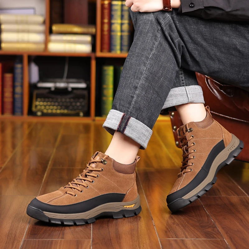 Mens Winter Warm Wool Cotton Shoes Genuine Suede Leather Casual Footwear Outdoor Non Slip Comfortable Shoes For Middle Aged