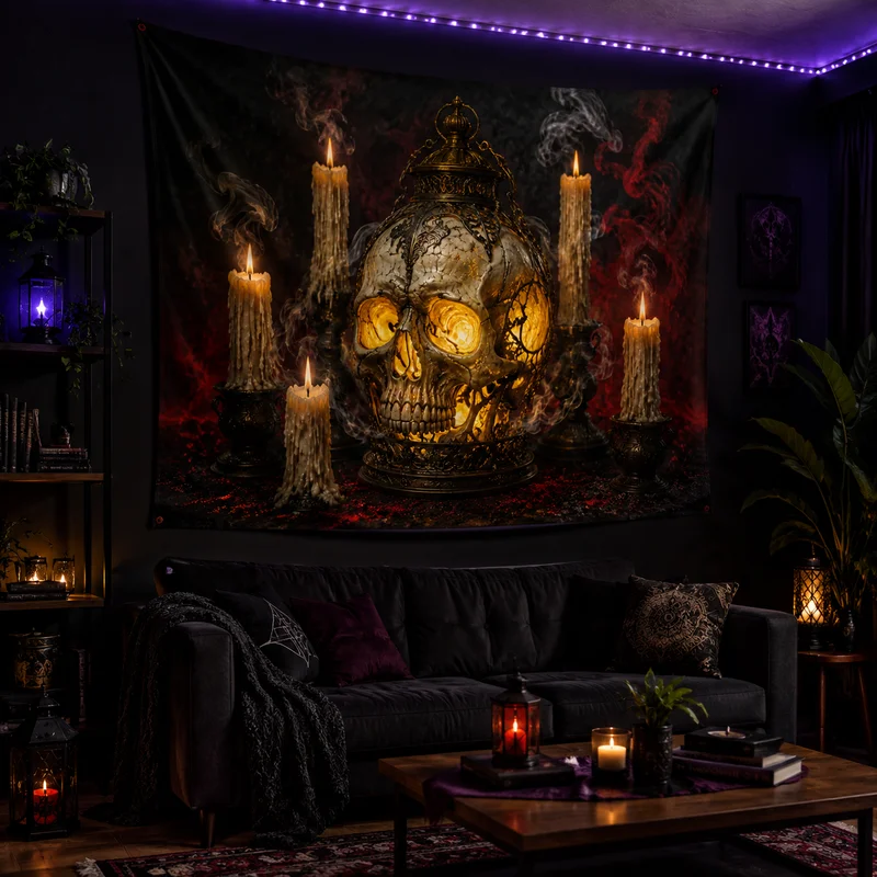 VIKAMA Witchcraft Dark Gothic Tapestry, Vintage Skull Wall Hanging, Eerie Occult Art Print Tapestry, Home Decor