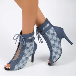 2023 Summer Women's Shoes Fashion Denim Women Sandals Back Zipper High Heels Sexy Peep Toe Boots Stilettos Dancing Female Shoes