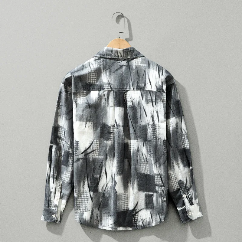 Japan Style Long Sleeve Print Vintage Shirt Men Pure Cotton Casual Shirts Youth Streetwear Mens Dropped Shoulder Sleeves Tops