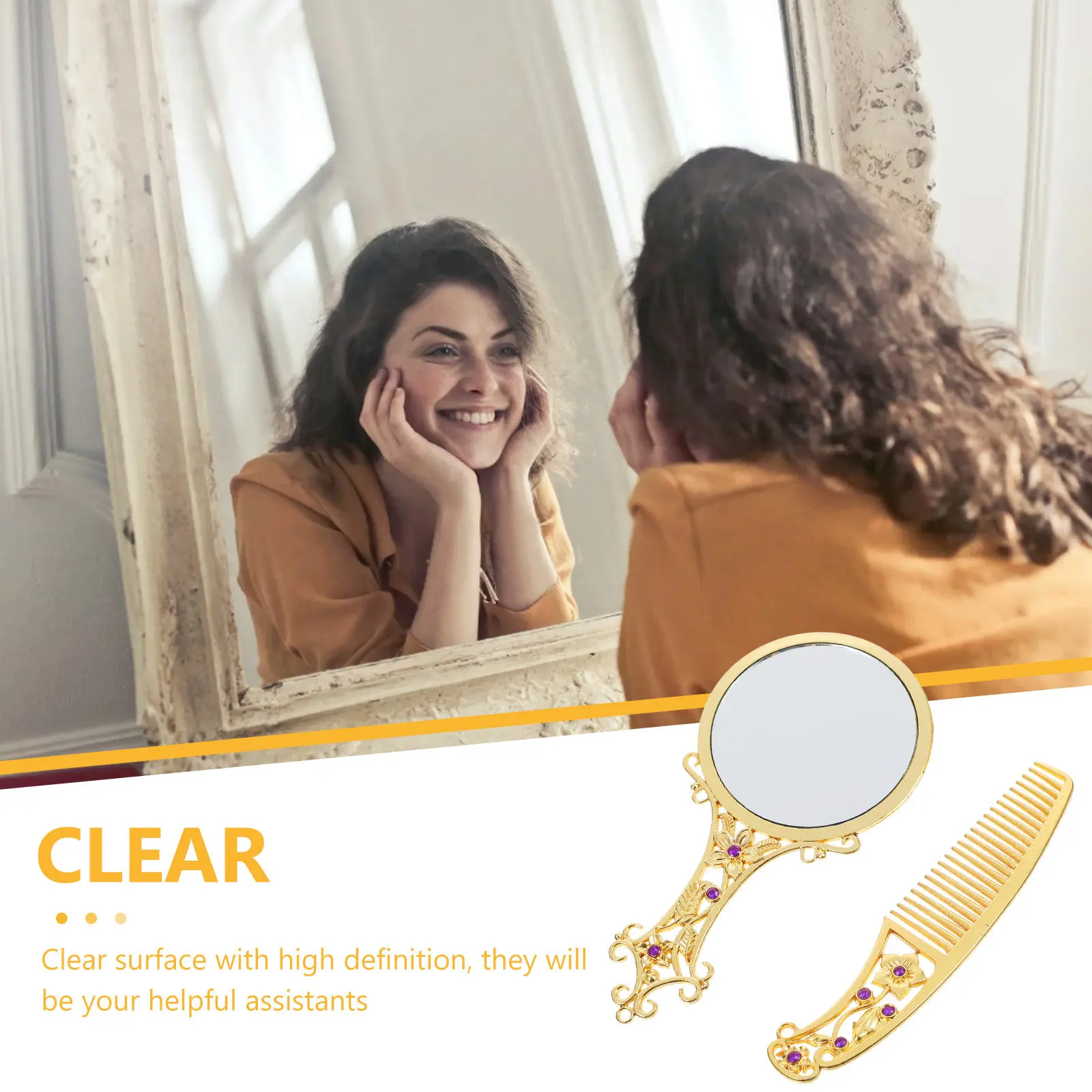 

1Set Handheld Makeup Mirror with Comb Elegant Foldable Alloy Vintage Mini Mirror Portable for Purse Pocket Daily Use