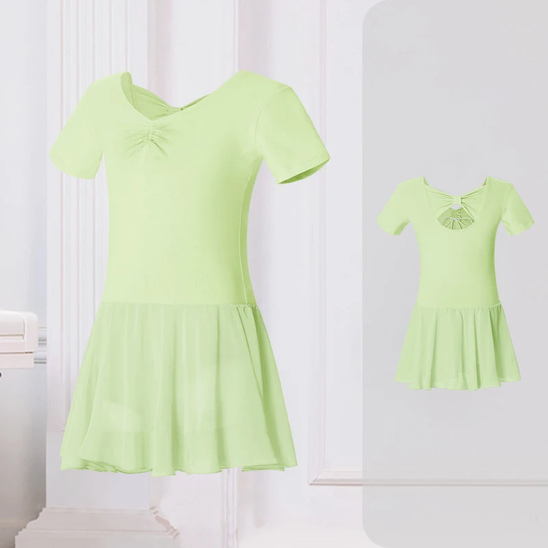 Leotardo de Ballet para niña con falda de tul de gasa, vestido de baile lírico con lazo para niños, mono de manga corta/larga, pajarita trasera, Ropa de baile