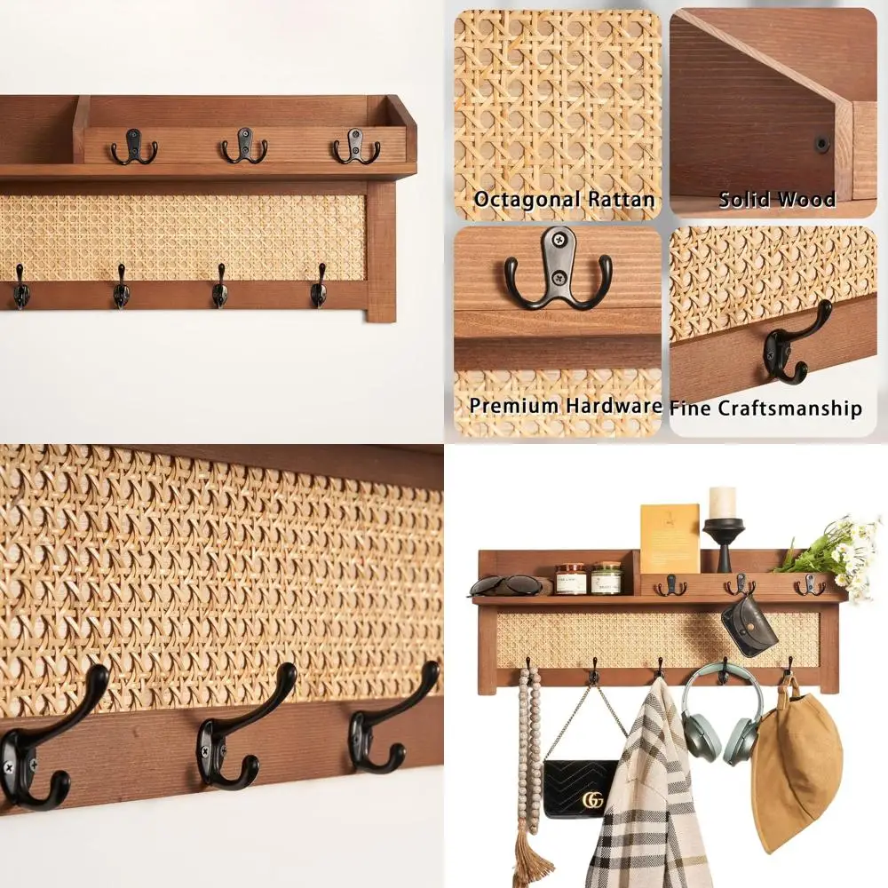 

Wood Wall-Mounted Coat Rack with Hooks and Shelf - Wooden Organizer for Entryway, Hanging Coats, Keys, Hangers