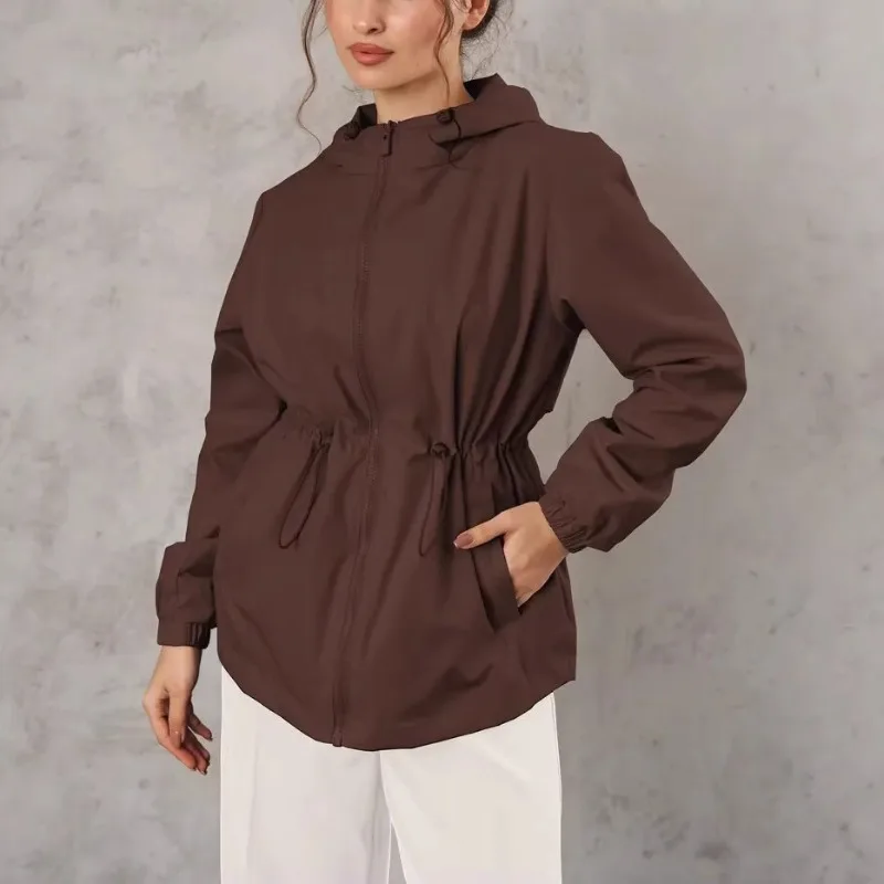 Coats and Jackets Women Women Spring Autumn Casual Hooded Windbreaker, Zip‑Up Drawstring Waist Windproof Commuter Jacket
