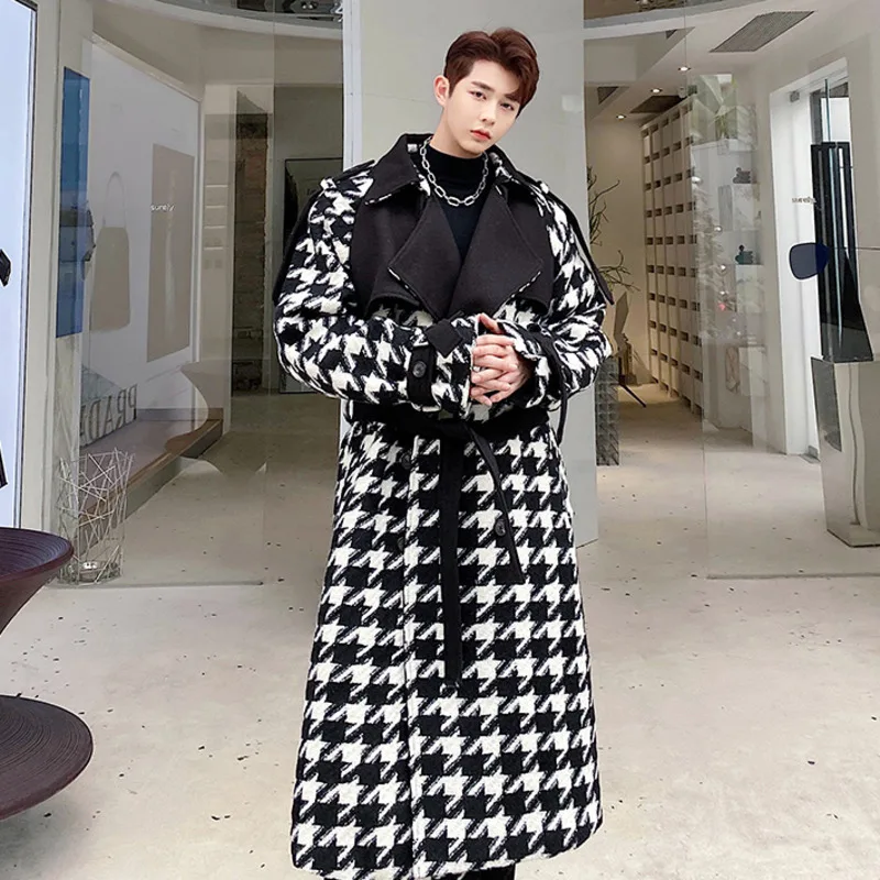 IEFB Men's Vintage Plaid Thickened Trench Coat New Loose Notched Double Breasted Windbreaker With Belt 2023 Autumn Winter Cloth