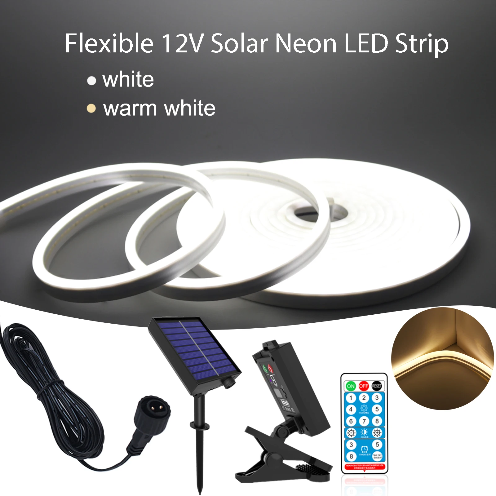 IP67 Waterproof Solar Neon LED Strip 12V 2835 SMD Flexible Tape Light Outdoor Decor Warm/ Cool White Remote Control 6mm X 12mm