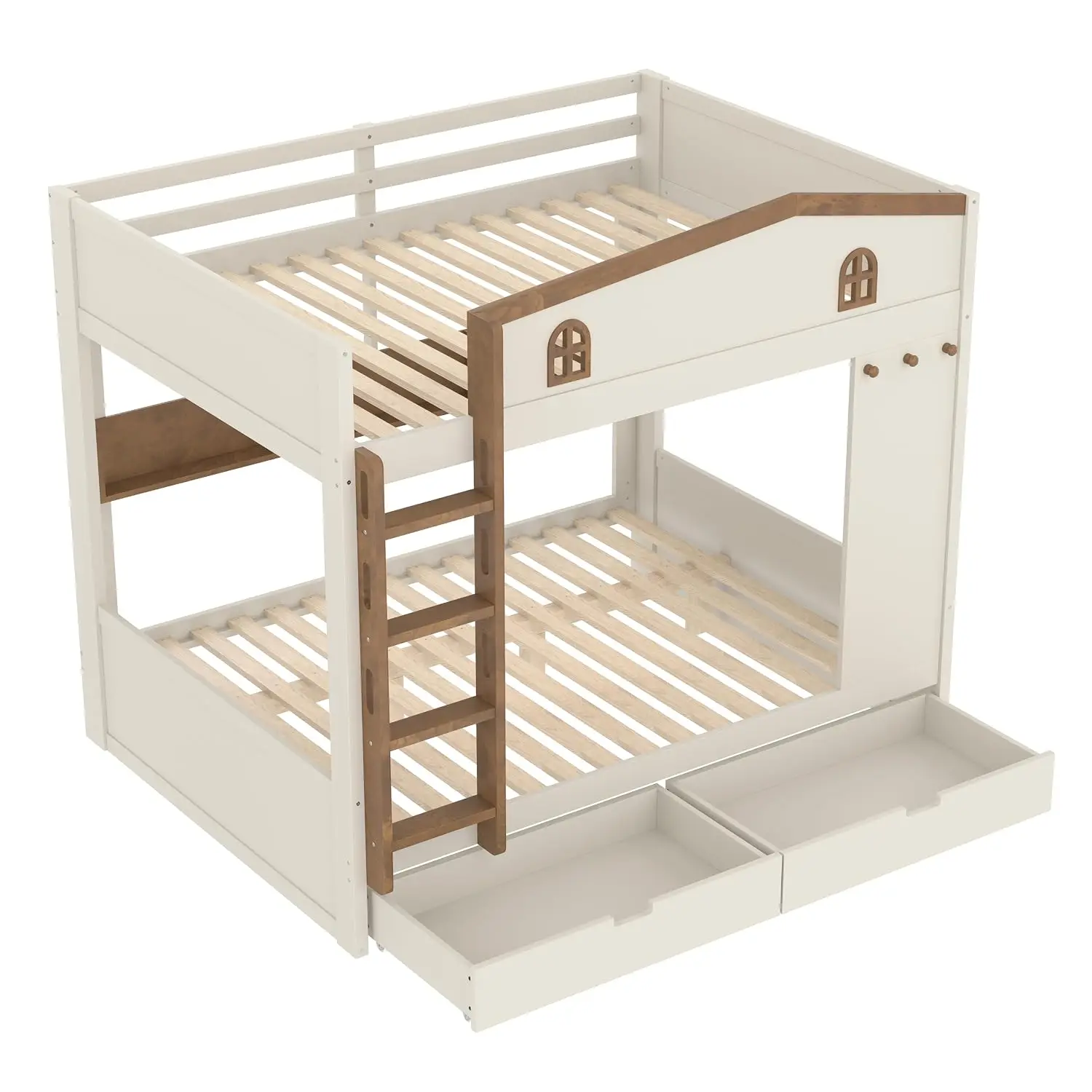 Queen Over Queen Bunk Bed with Storage Drawers Shelves Hooks Beige Natural, Customized image 6