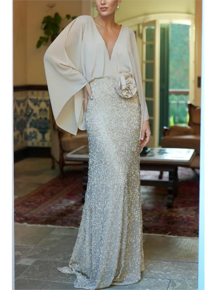 Gonna elegante a coda di pesce con paillettes da donna Nuova moda fiore scollo a V tinta unita gonna lunga a vita alta abito da sera per banchetti