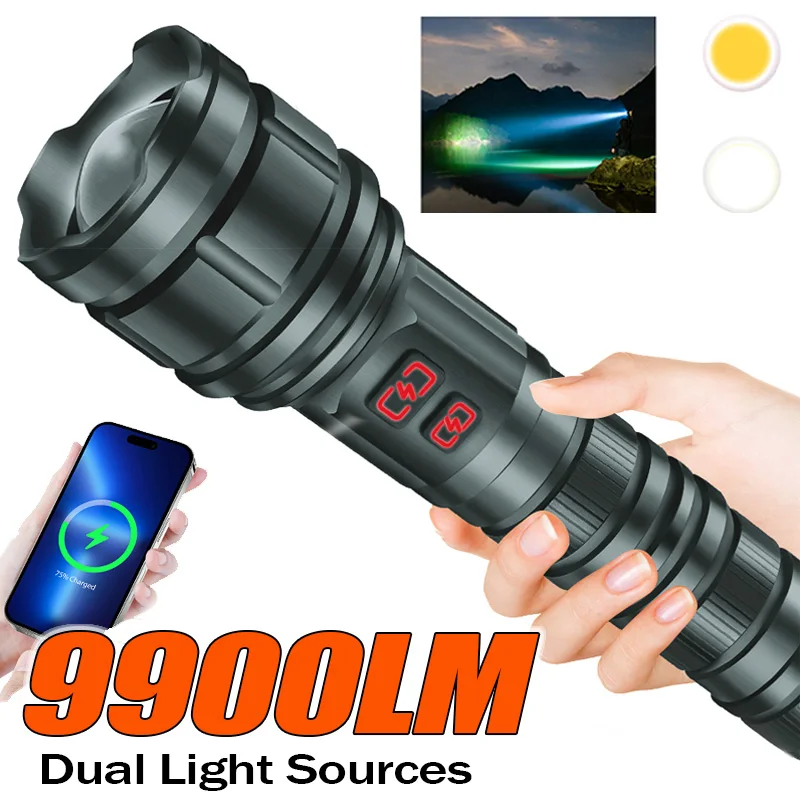 

Powerful White Laser Flashlight 2 Light Source 9900LM Zoom Tactical Torch USB Rechargeable For Outdoor Camping Hunting Fishing