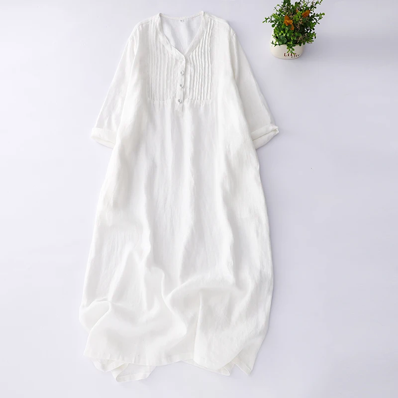 Summer New Cotton Linen Dr Loose Slimming Artistic Casual Travel Pleated Straight Long Dr Women's Midi Dr