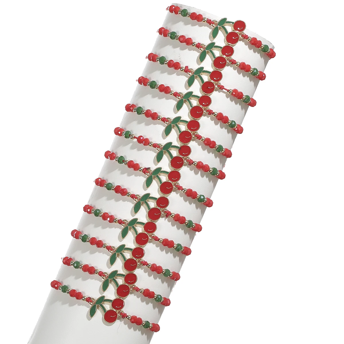 12pcs/set Red Cherry Enamel Charms Bracelet Set Acrylic Red Green Beads Rope Adjustable Bracelet Set For Women Jewelry Gifts