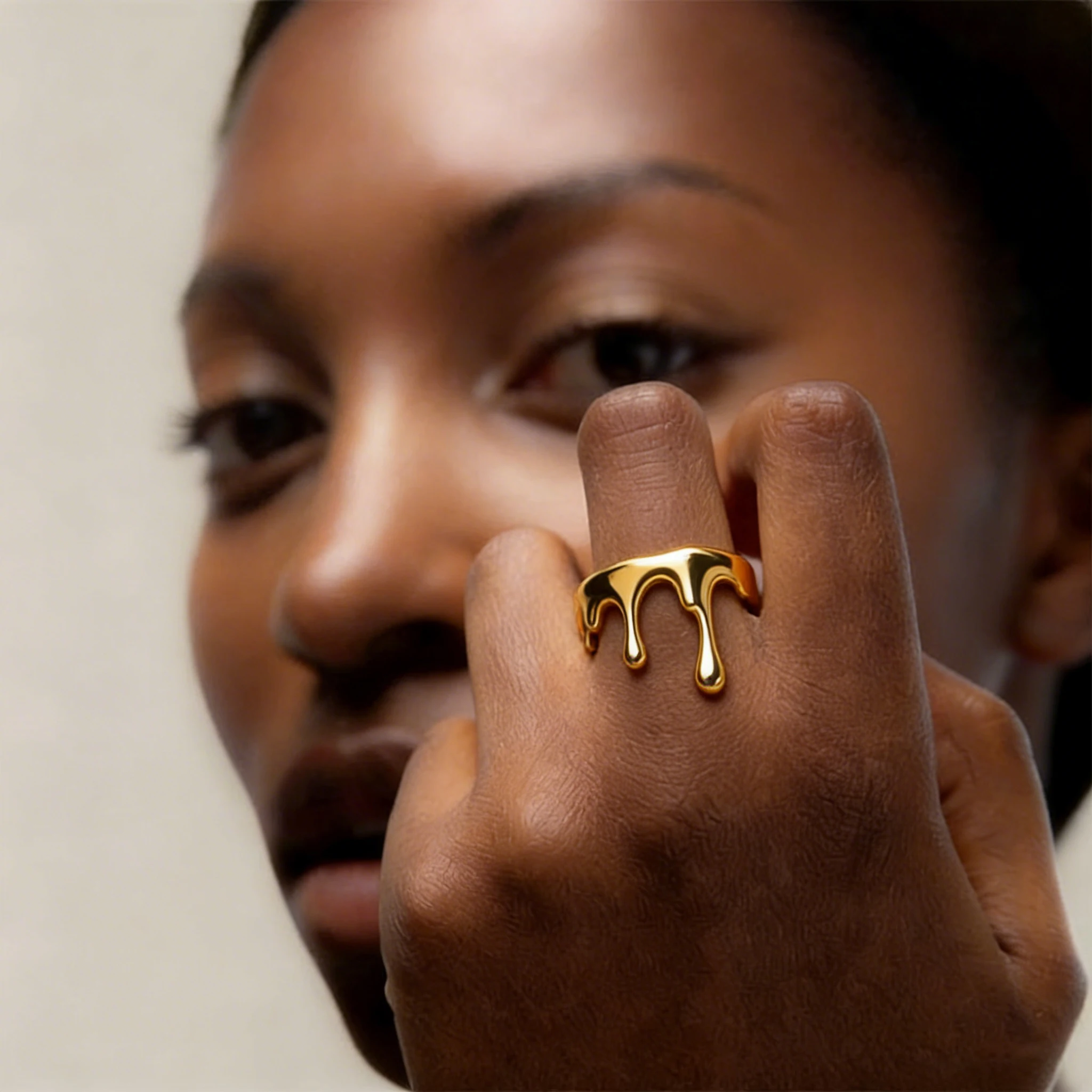 New Vintage Sleek Gold Plated Lava Droplets Rings Stanless Steel Waterproof Geometric Irregular Wedding Ring Jewelry Accessories