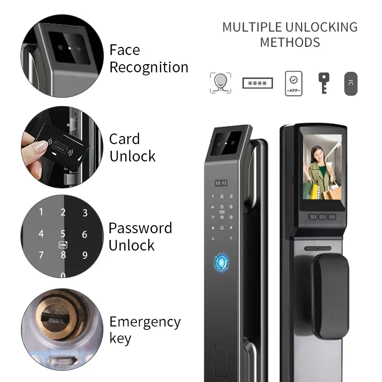 Smart Fingerprint Digital Door Lock com Câmera, Reconhecimento Facial, WiFi, APP, Senha, Cartão, Facial