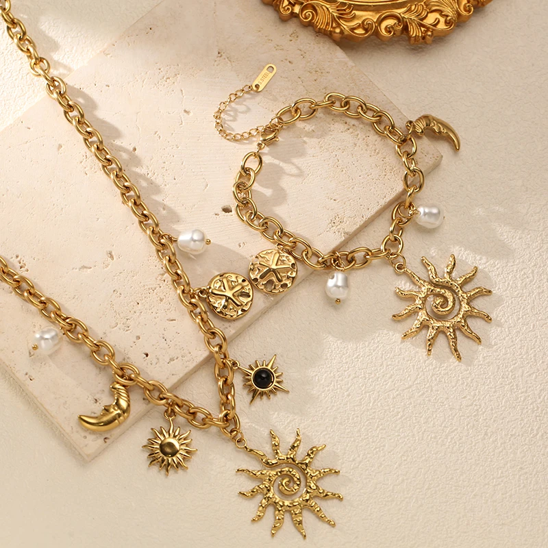 EILIECK 316L Edelstahl Goldfarbenes Trendiges Mond-Sonne-förmiges Halsketten-Armband-Set für Frauen Romantisches Schmuckset Urlaubsgeschenk – Detail 12