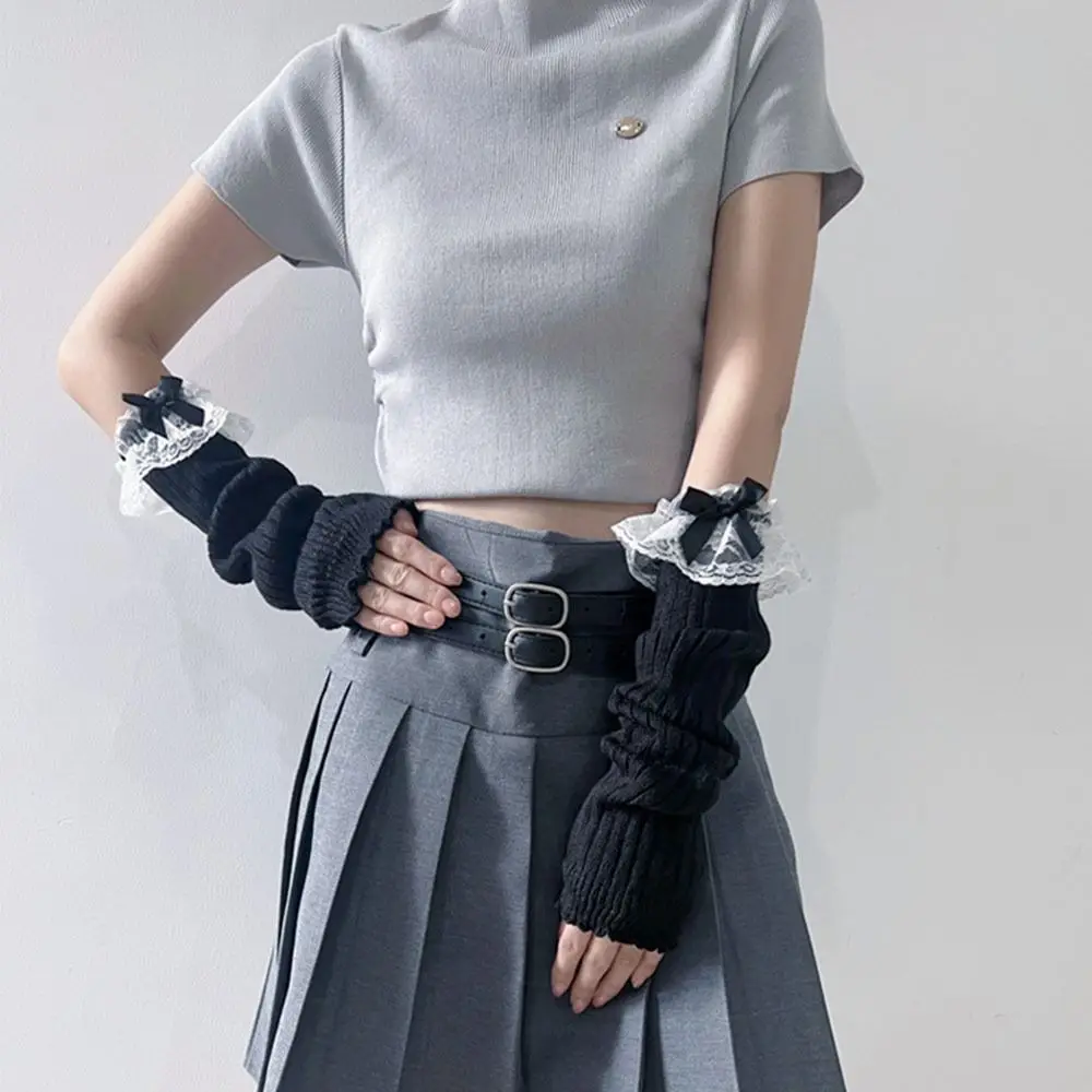 Fingerless ยาวถุงมือปลอมแขนสีดําสีขาวข้อศอก Mittens แขนแขนอุ่นถักถุงมือสําหรับสตรี