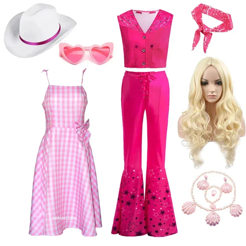 XT8Movie Barbi 의상 러블리 카우걸 슈트 핑크 조끼 탑과 플레어 바지 성인 키즈 Margot Robbie Girls 할로윈 파티 Cl@XT6!