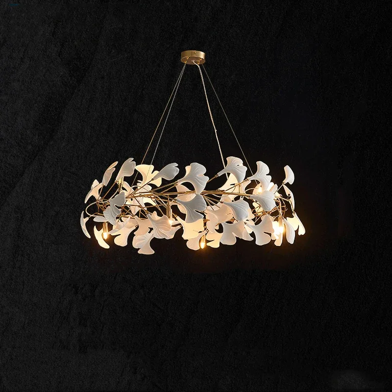Binnenverlichting Luxe Keramische Kroonluchter Live Eetzaal Ginkgo Tak Blad Hanger Koperen Kunst Villa Led Hangende Lustres