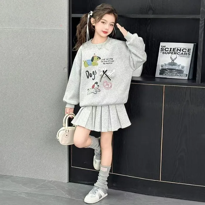 2025 الخريف الشتاء الفتيات مجموعة الملابس المراهقين إلكتروني الكلب قمصان سويت شيرت بقلنسوة تي شيرت + تنورة مطوي 4 8 10 12 14 سنة رياضية #4