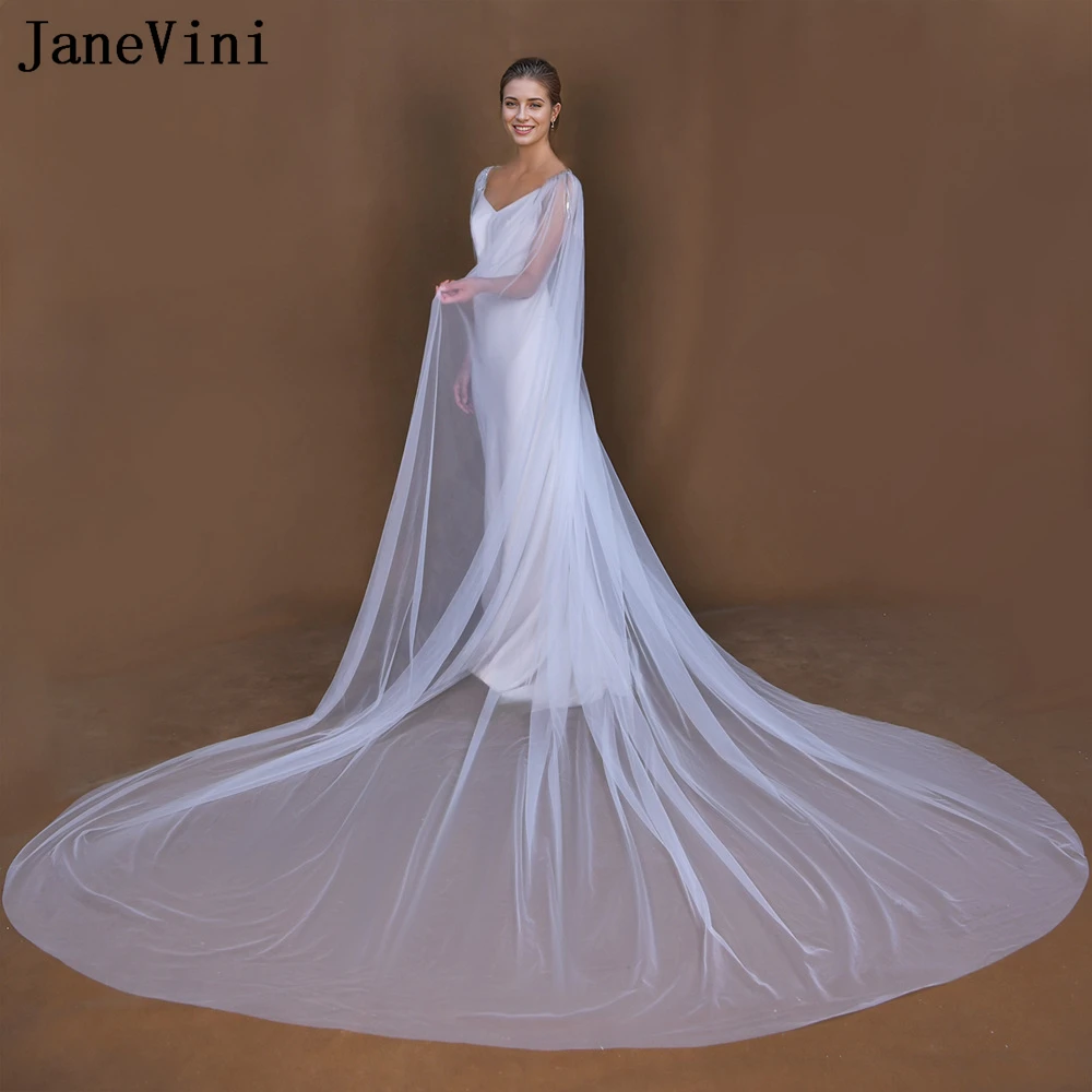 JaneVini Shiny Sequins Bridal Wedding Wrap Cloak Long Capes Shawl Tulle White/Ivory Shrugs Braut Bolero Para Vestido De Festa