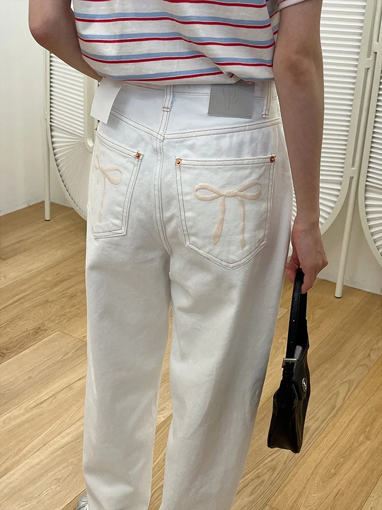

Loose High Waist Embroidered Knot Denim Jeans Women's Straight Leg Pants Dongda Gate Style Versatile Slimming Effect
